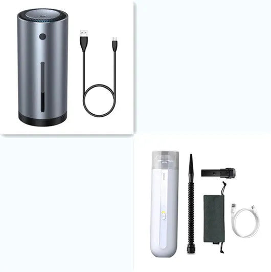 BASEUS handheld car vacuum cleaner in black with blowing hose attachment, showing compact size and dust bin