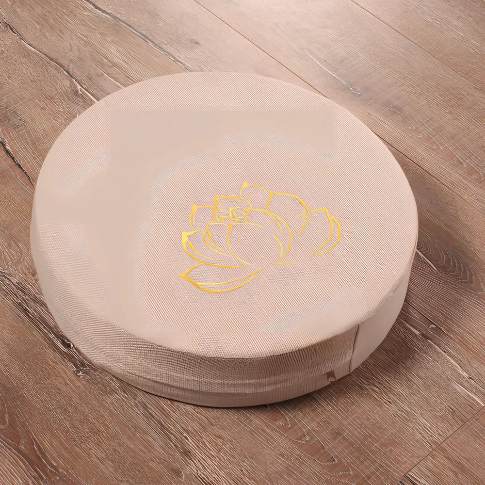 Embroidered linen meditation futon with lotus design, 40cm diameter, 6cm thickness, in beige colour