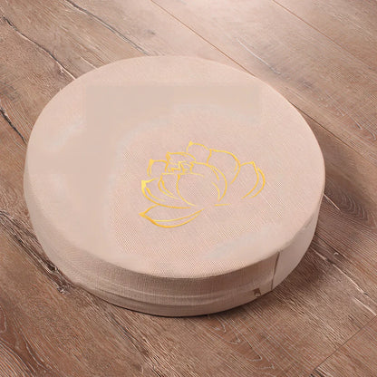 Embroidered linen meditation futon with lotus design, 40cm diameter, 6cm thickness, in beige colour