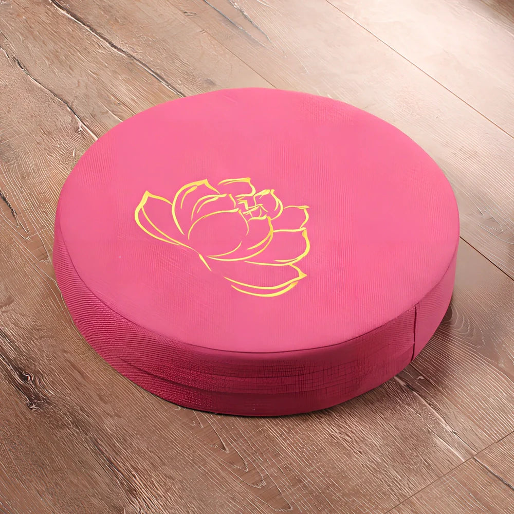 Embroidered linen meditation futon with lotus design, 40cm diameter, 6cm thickness, in beige colour