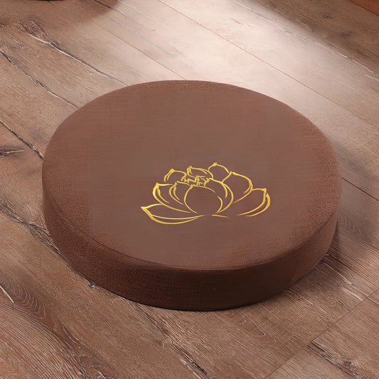 Embroidered linen meditation futon with lotus design, 40cm diameter, 6cm thickness, in beige colour