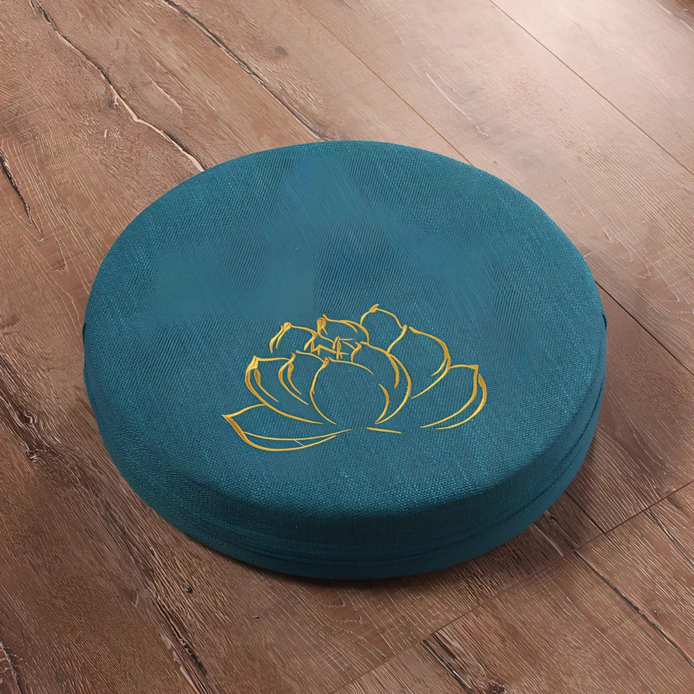 Embroidered linen meditation futon with lotus design, 40cm diameter, 6cm thickness, in beige colour