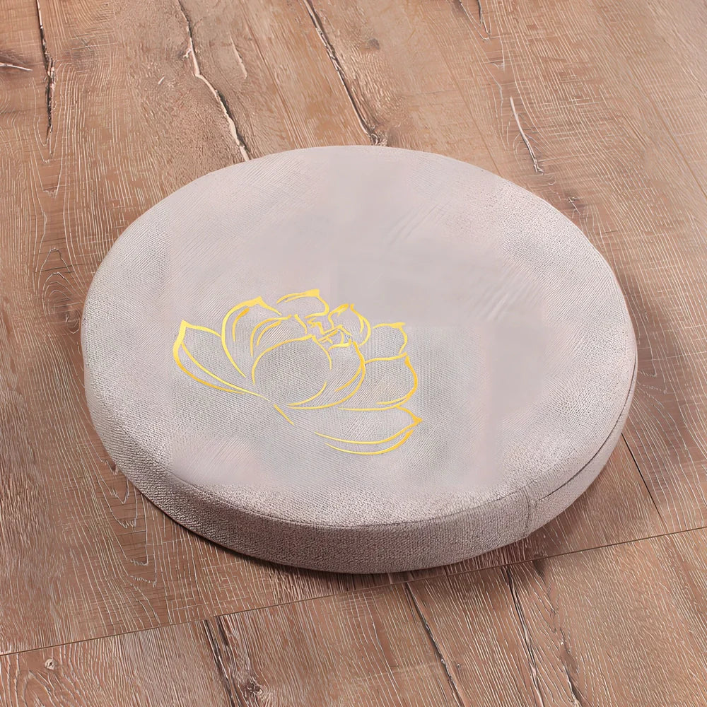 Embroidered linen meditation futon with lotus design, 40cm diameter, 6cm thickness, in beige colour