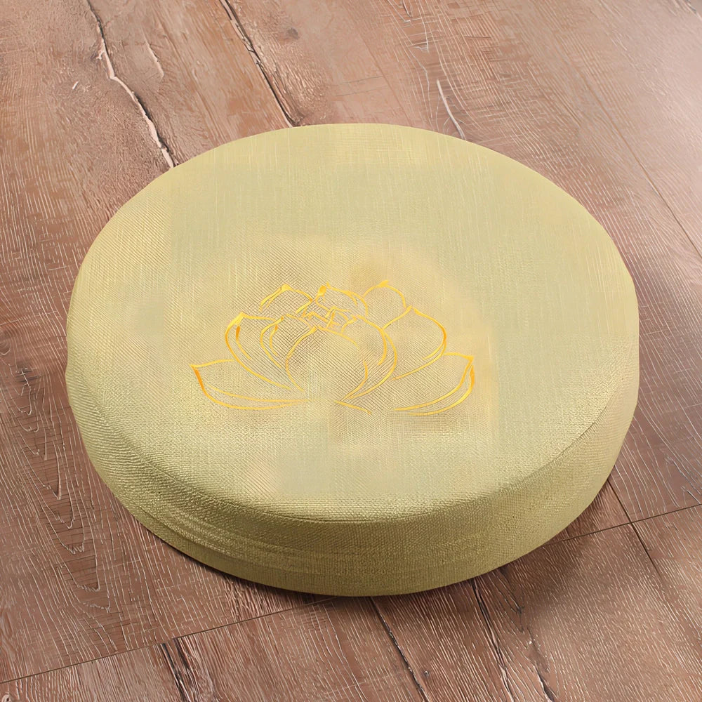 Embroidered linen meditation futon with lotus design, 40cm diameter, 6cm thickness, in beige colour