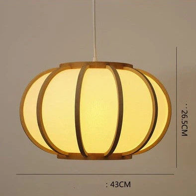 Wooden LED chandelier with adjustable height showing 120cm measurement and 300mm diameter
