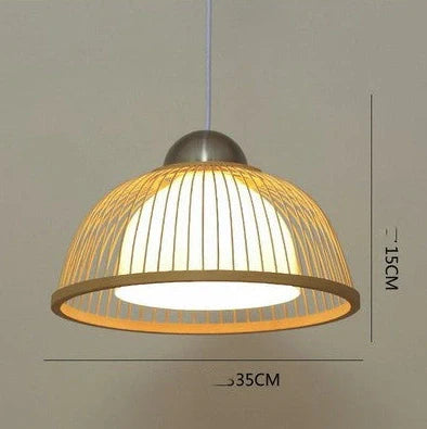 Wooden LED chandelier with adjustable height showing 120cm measurement and 300mm diameter