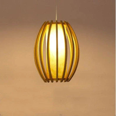Wooden LED chandelier with adjustable height showing 120cm measurement and 300mm diameter