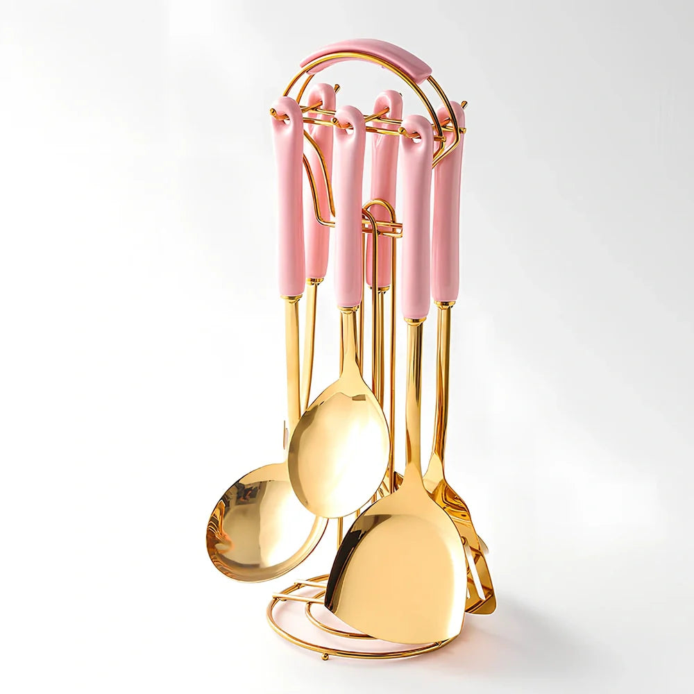 Stainless steel kitchen utensils set with eight pieces in multiple colours including black, green, pink, and white options