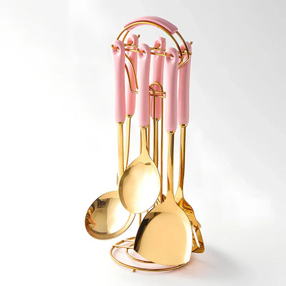 Stainless steel kitchen utensils set with eight pieces in multiple colours including black, green, pink, and white options