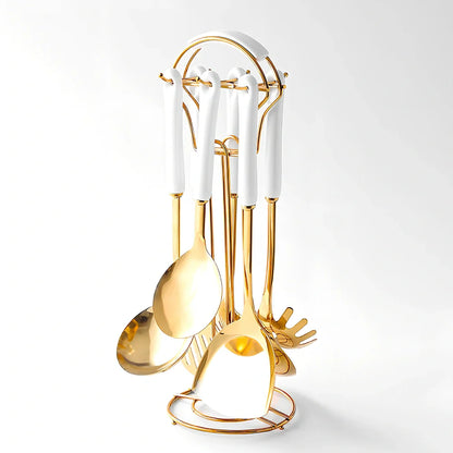 Stainless steel kitchen utensils set with eight pieces in multiple colours including black, green, pink, and white options