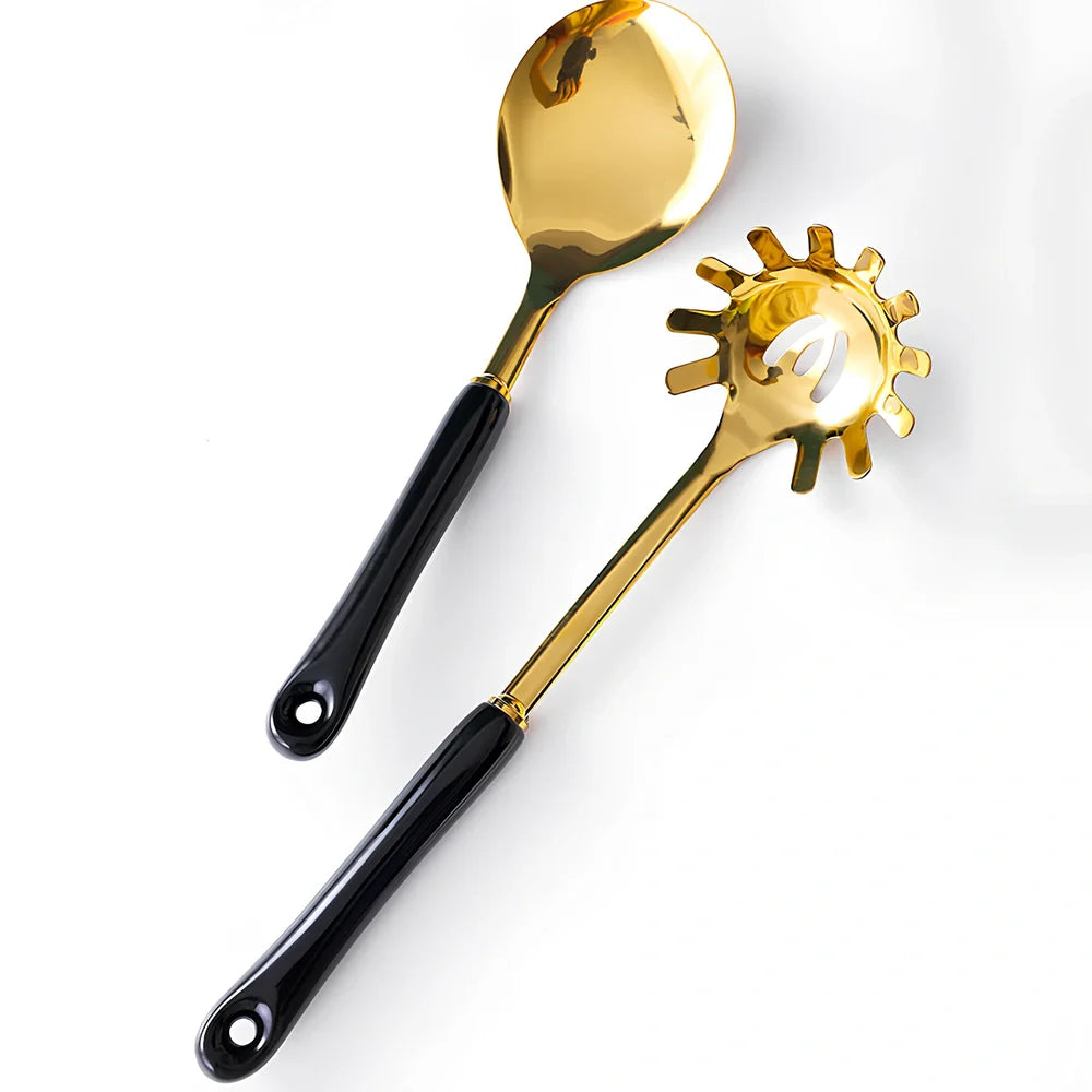 Stainless steel kitchen utensils set with eight pieces in multiple colours including black, green, pink, and white options