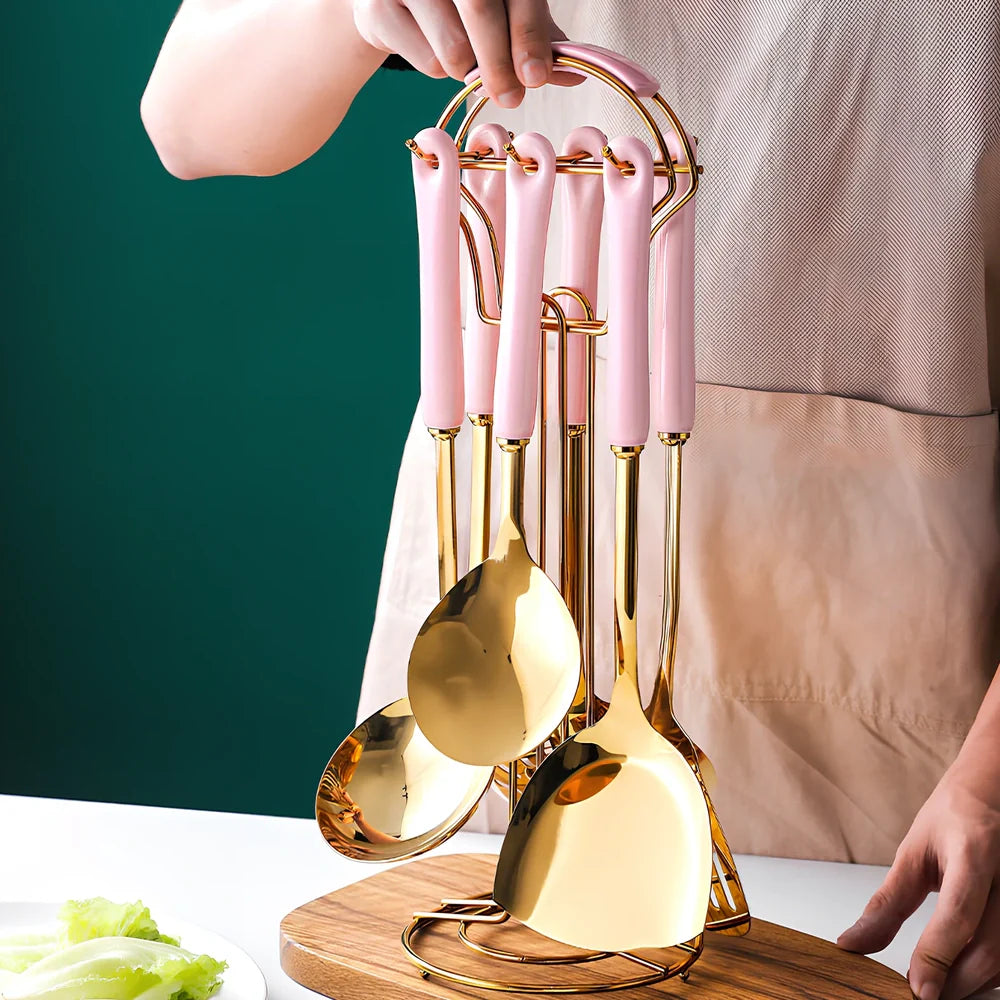 Stainless steel kitchen utensils set with eight pieces in multiple colours including black, green, pink, and white options