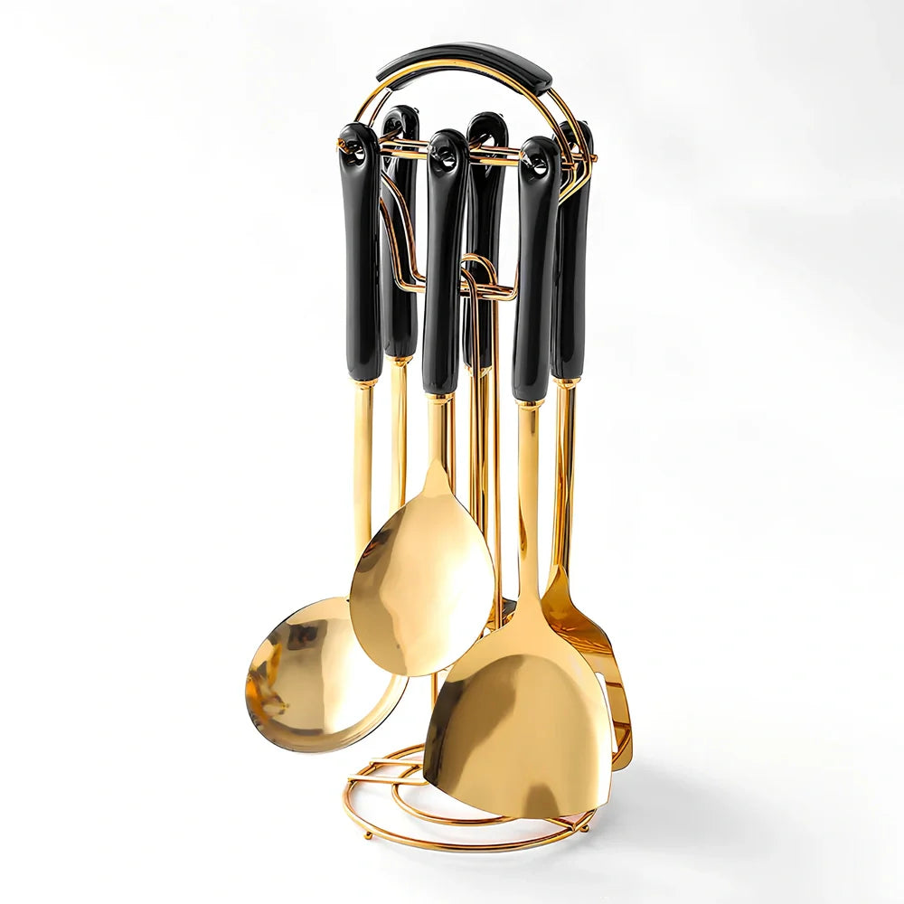 Stainless steel kitchen utensils set with eight pieces in multiple colours including black, green, pink, and white options