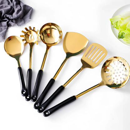 Stainless steel kitchen utensils set with eight pieces in multiple colours including black, green, pink, and white options