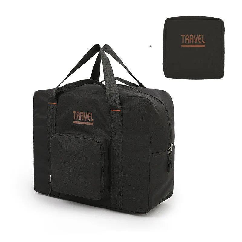 Cube-shaped travel bag with compression seal in Oxford cloth, shown in khaki colour with clothing items inside