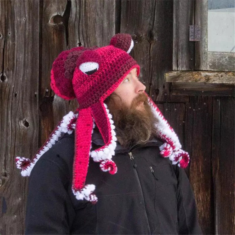 Handmade crochet octopus hat in vibrant colors, perfect for Halloween or casual wear