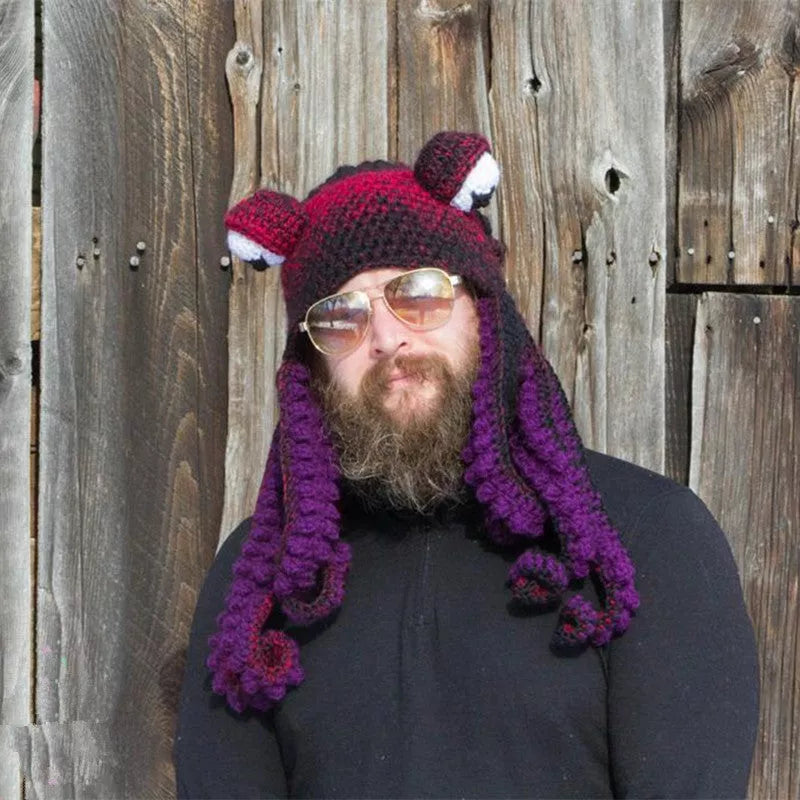 Handmade crochet octopus hat in vibrant colors, perfect for Halloween or casual wear