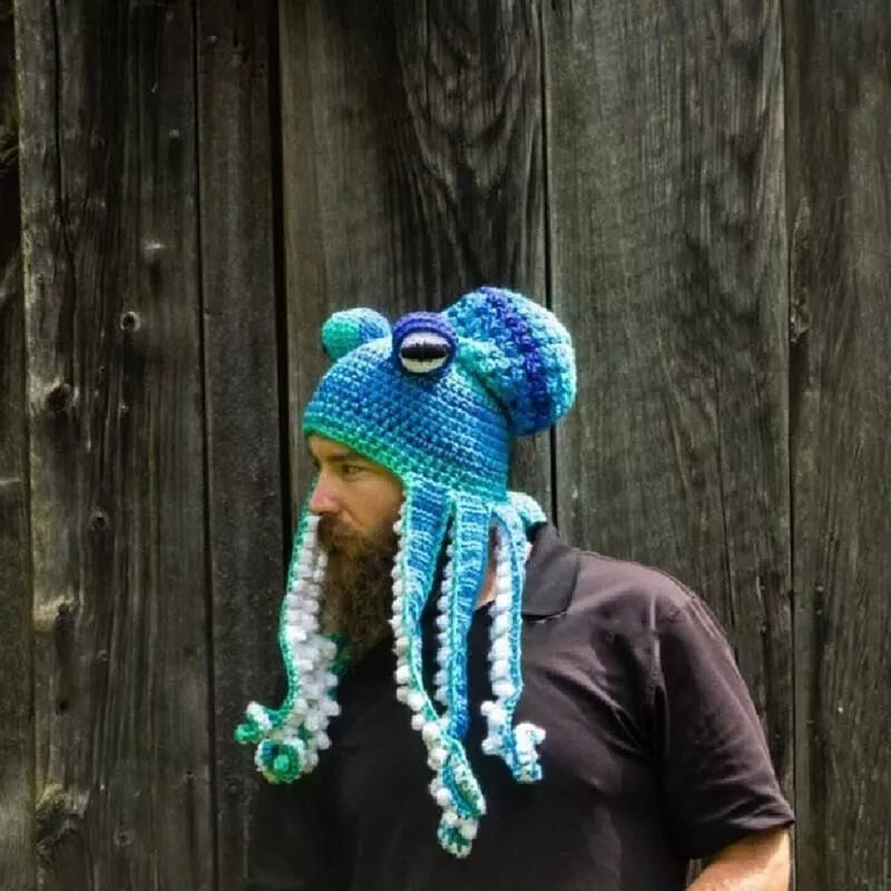 Handmade crochet octopus hat in vibrant colors, perfect for Halloween or casual wear