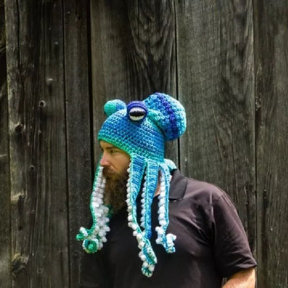 Handmade crochet octopus hat in vibrant colors, perfect for Halloween or casual wear