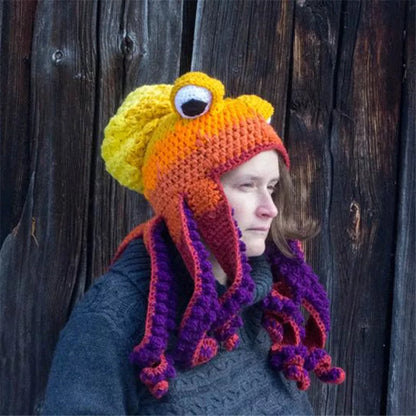 Handmade crochet octopus hat in vibrant colors, perfect for Halloween or casual wear