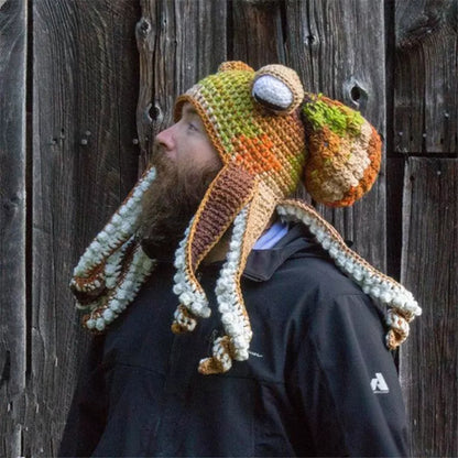 Handmade crochet octopus hat in vibrant colors, perfect for Halloween or casual wear