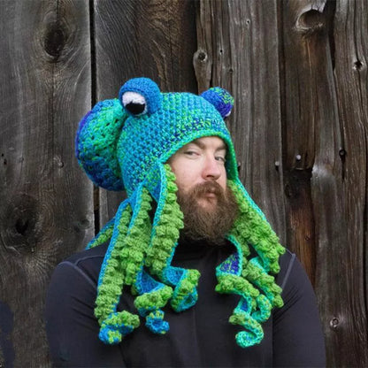 Handmade crochet octopus hat in vibrant colors, perfect for Halloween or casual wear