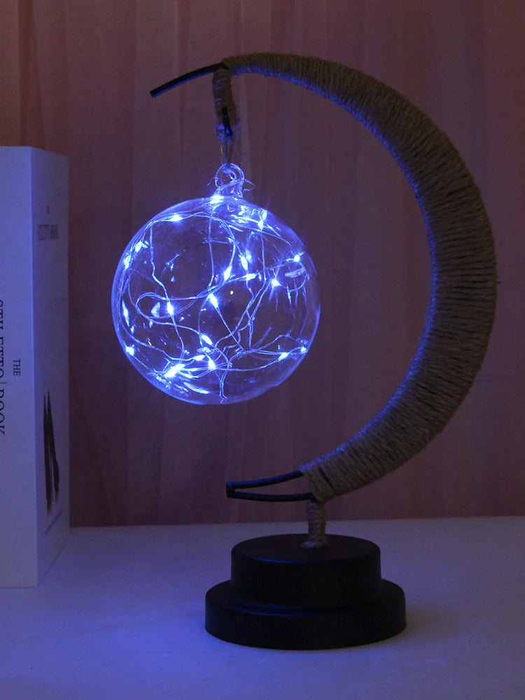 LED Moon Star Shape Copper Wire Lamp with glass pendants and USB/battery power options