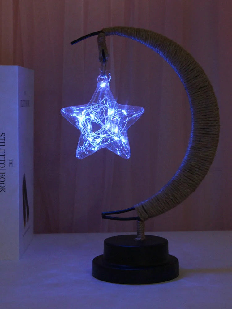 LED Moon Star Shape Copper Wire Lamp with glass pendants and USB/battery power options