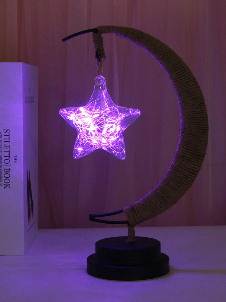 LED Moon Star Shape Copper Wire Lamp with glass pendants and USB/battery power options