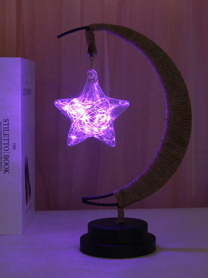 LED Moon Star Shape Copper Wire Lamp with glass pendants and USB/battery power options