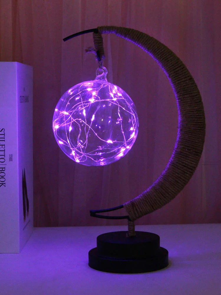 LED Moon Star Shape Copper Wire Lamp with glass pendants and USB/battery power options