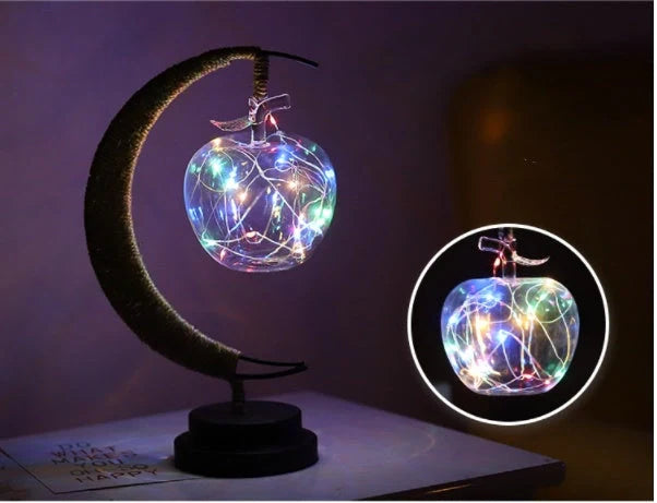 LED Moon Star Shape Copper Wire Lamp with glass pendants and USB/battery power options