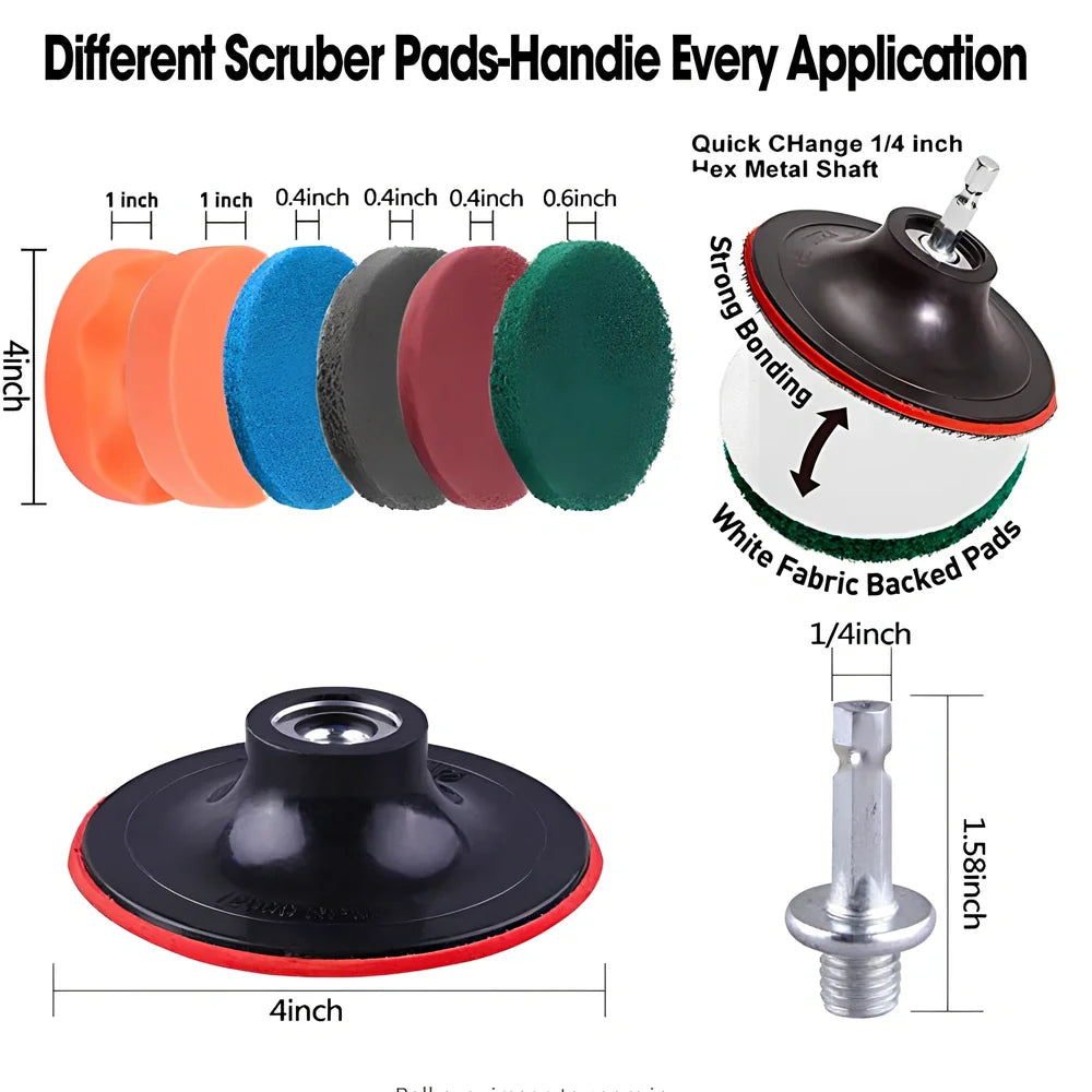 37-piece brush cleaning set with 400mm long handles and 100mm diameter disc brushes for extended reach cleaning