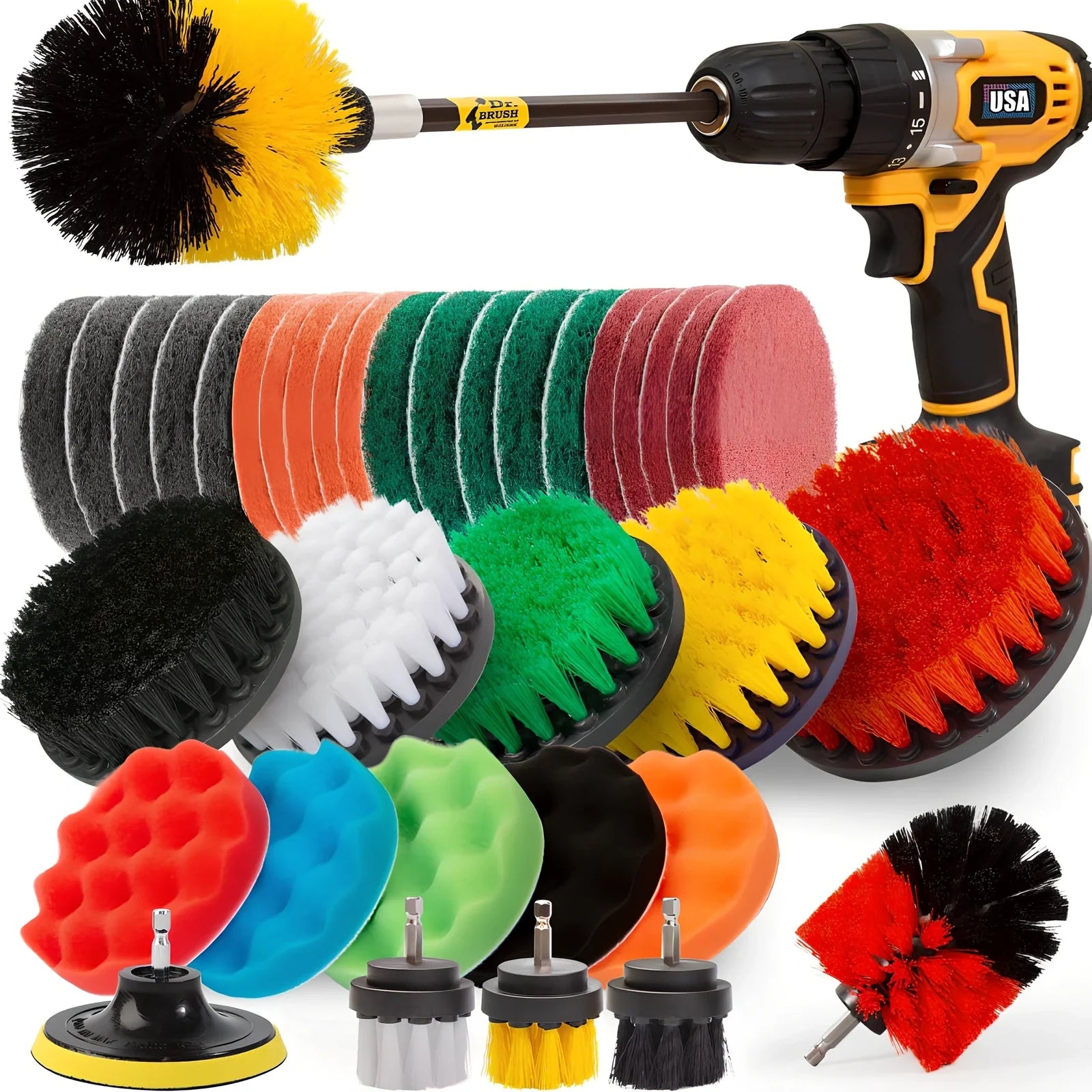 37-piece brush cleaning set with 400mm long handles and 100mm diameter disc brushes for extended reach cleaning