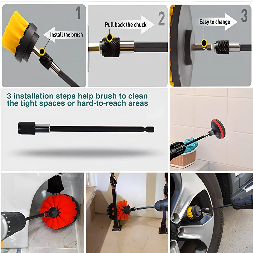 37-piece brush cleaning set with 400mm long handles and 100mm diameter disc brushes for extended reach cleaning