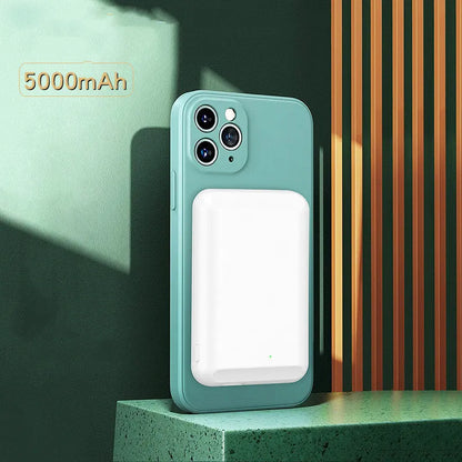 Magnetic wireless power bank showing five colour options with 5000mAh capacity and compact dimensions