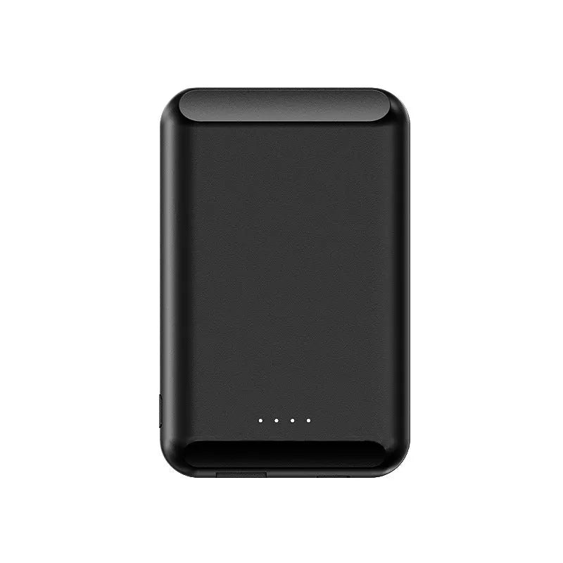 Magnetic wireless power bank showing five colour options with 5000mAh capacity and compact dimensions