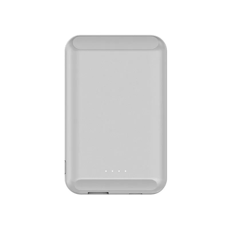 Magnetic wireless power bank showing five colour options with 5000mAh capacity and compact dimensions