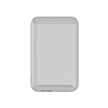 Magnetic wireless power bank showing five colour options with 5000mAh capacity and compact dimensions