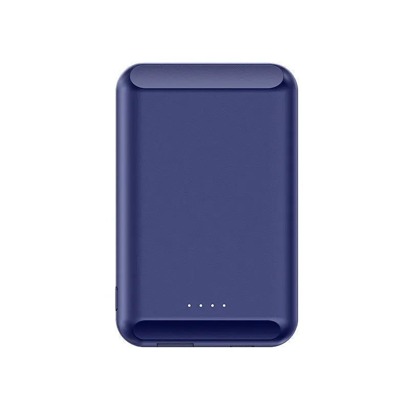 Magnetic wireless power bank showing five colour options with 5000mAh capacity and compact dimensions