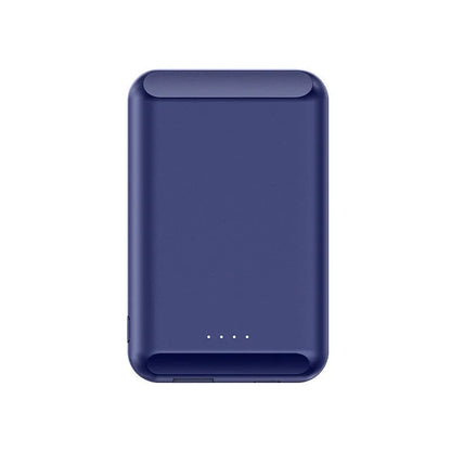 Magnetic wireless power bank showing five colour options with 5000mAh capacity and compact dimensions