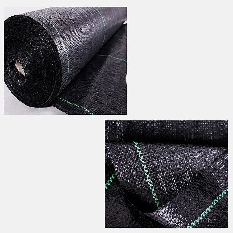 Black composite woven PE weed prevention cloth laid flat on soil.
