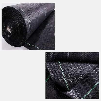 Black composite woven PE weed prevention cloth laid flat on soil.