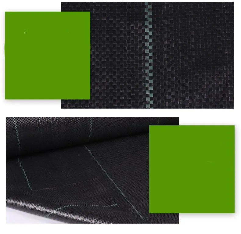 Black composite woven PE weed prevention cloth laid flat on soil.