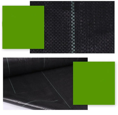 Black composite woven PE weed prevention cloth laid flat on soil.