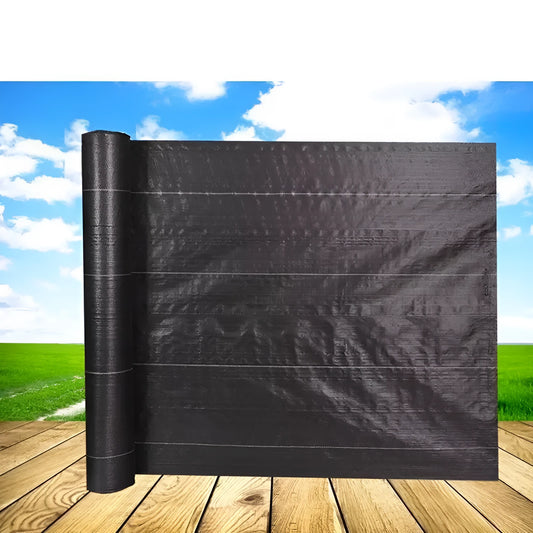 Black composite woven PE weed prevention cloth laid flat on soil.