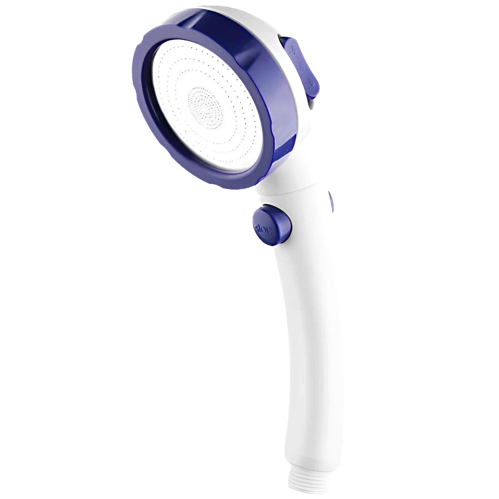 Blue ABS plastic handheld shower head with chrome-plated universal connector
