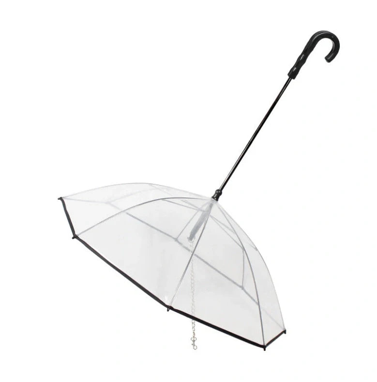 Transparent dog umbrella with stainless steel chain attached to harness for rainy walks