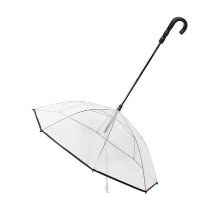 Transparent dog umbrella with stainless steel chain attached to harness for rainy walks