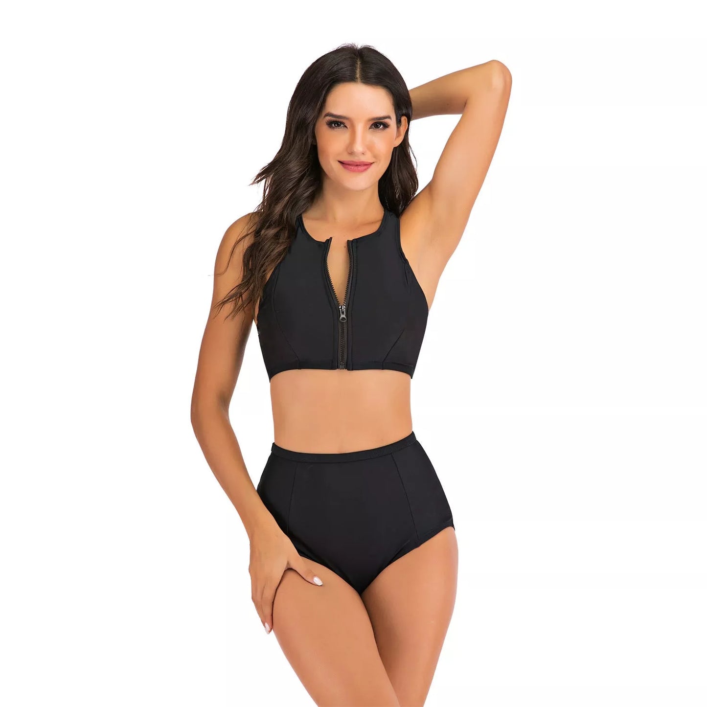Women's black sports vest split flat bikini suit with quick-dry fabric